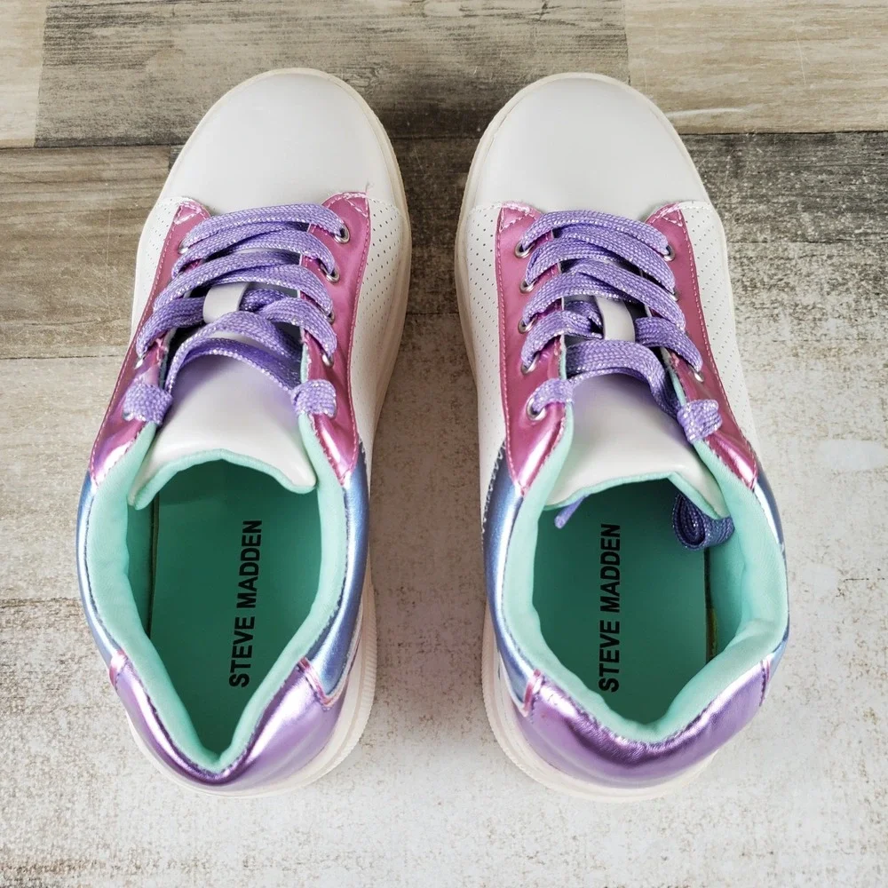 Steve Madden Maggiee Kids Girls Sz 3 White Metallic Purple Leather Sneakers